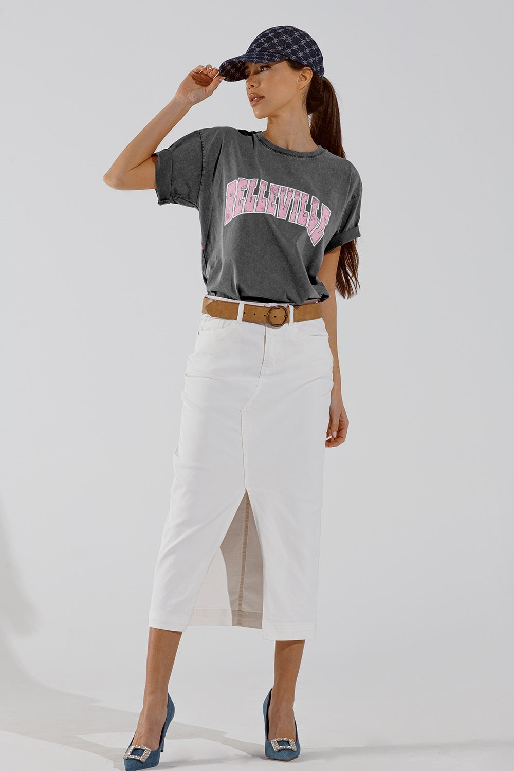 Grey Crew Neck T-shirt With Belleville text - T-Shirts