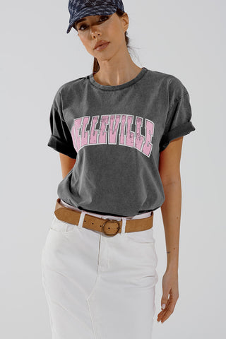 T-shirt ras du cou gris avec texte Belleville