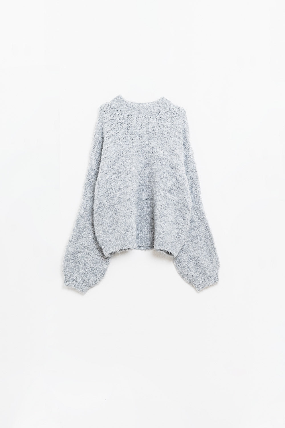 Grey Oversized Knit Sweater with balloon Sleeves - Jumpers