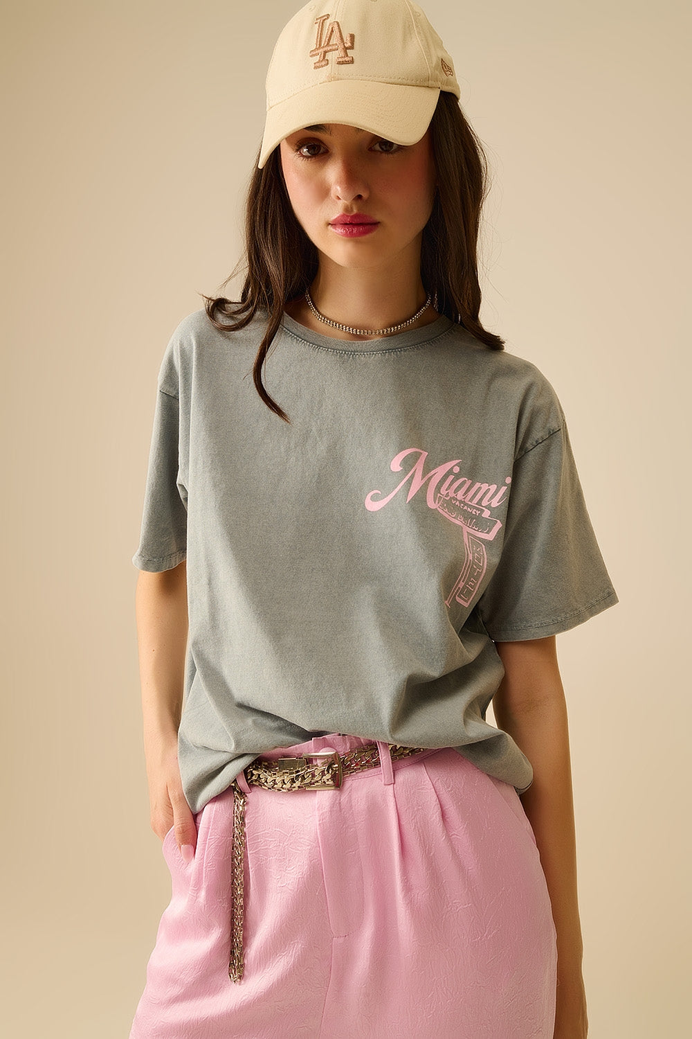 grey T-shirt with Miami logo print in pink - T-Shirts