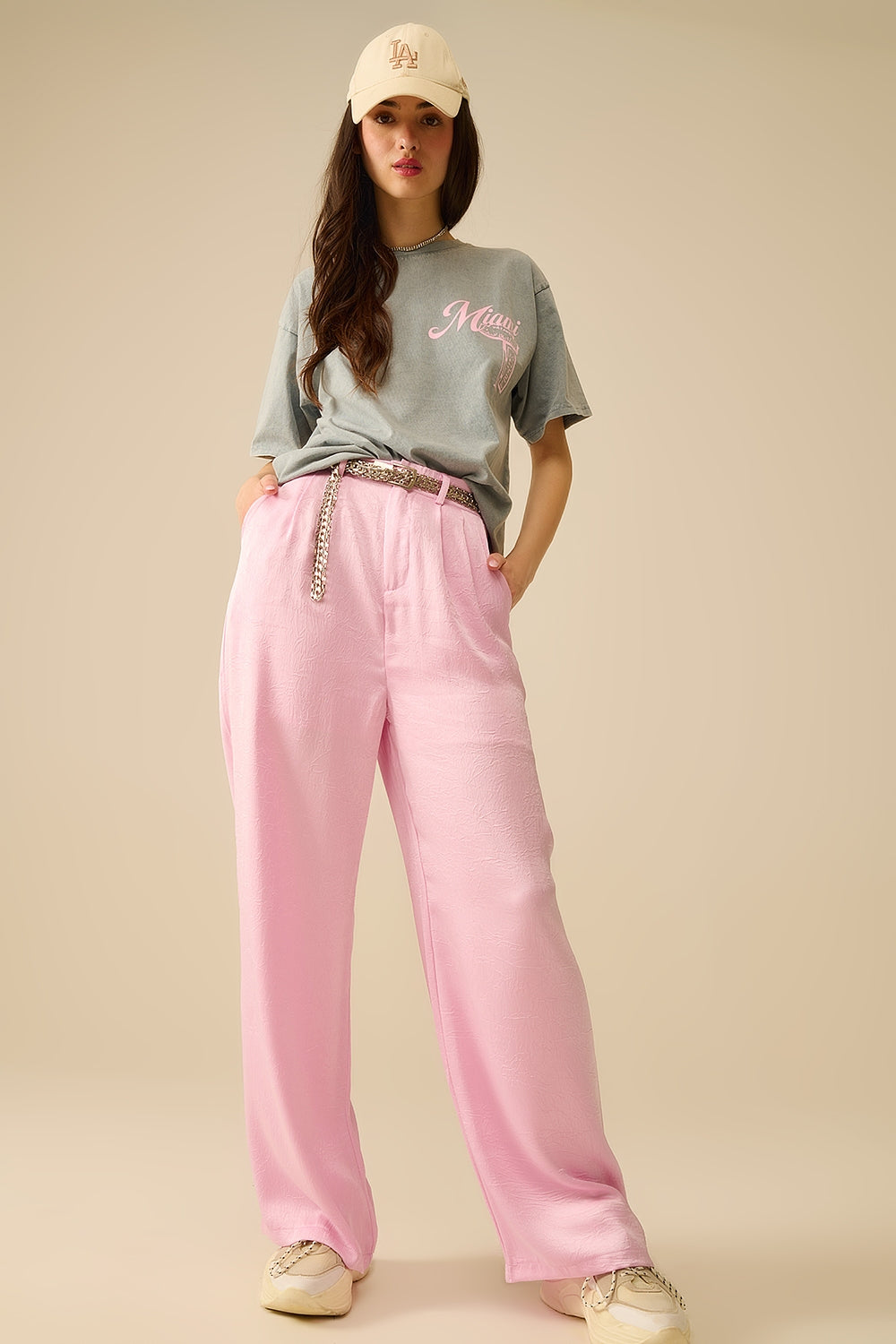 grey T-shirt with Miami logo print in pink - T-Shirts