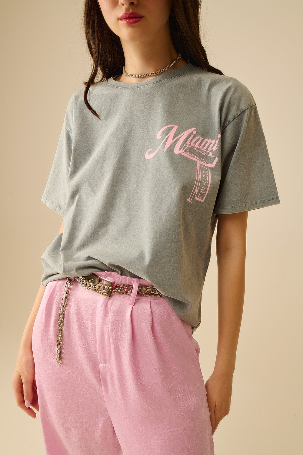 grey T-shirt with Miami logo print in pink - T-Shirts