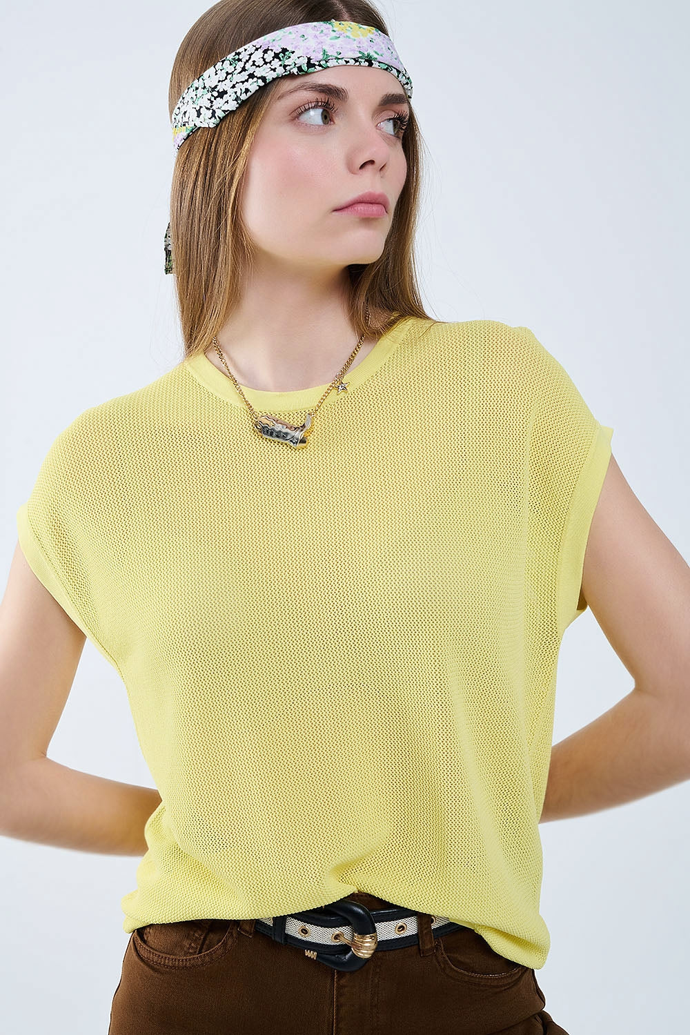 grid knit sweater in yellow color - Jumpers