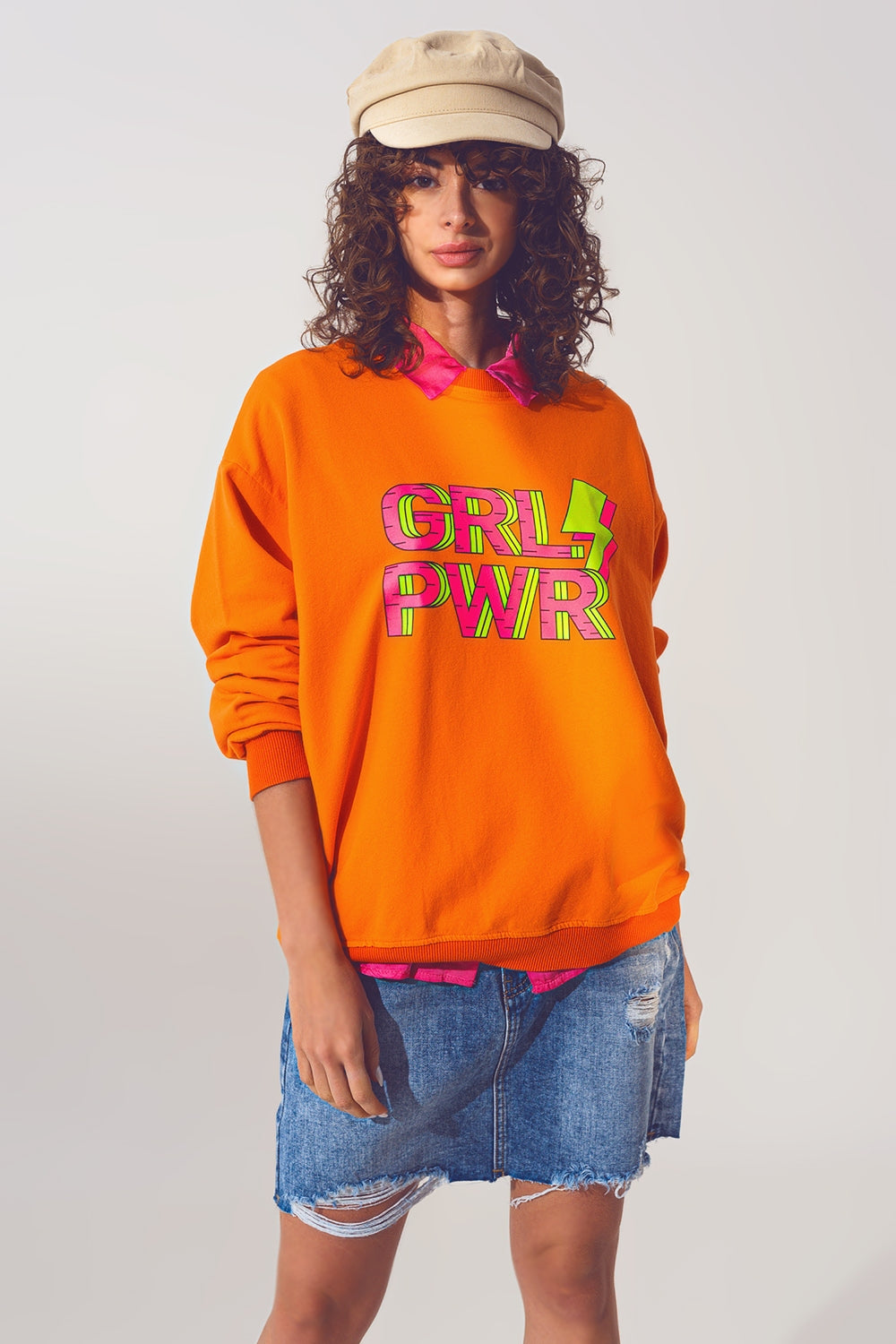 GRL PWR Text Sweatshirt in Orange - Sweaters