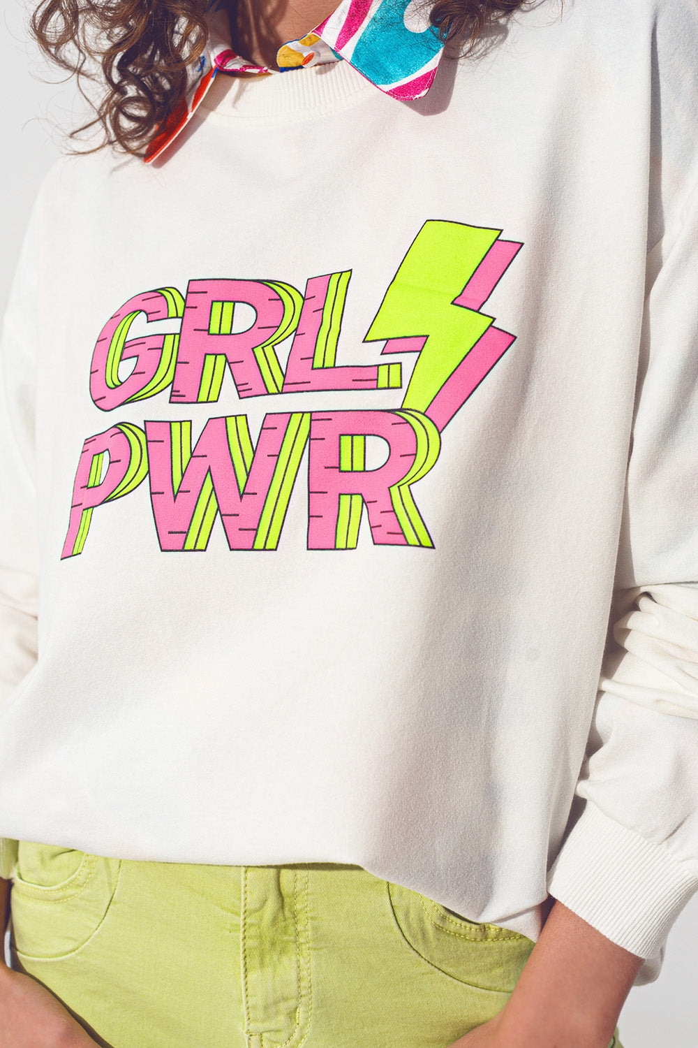 GRL PWR Text Sweatshirt in White - Sweaters