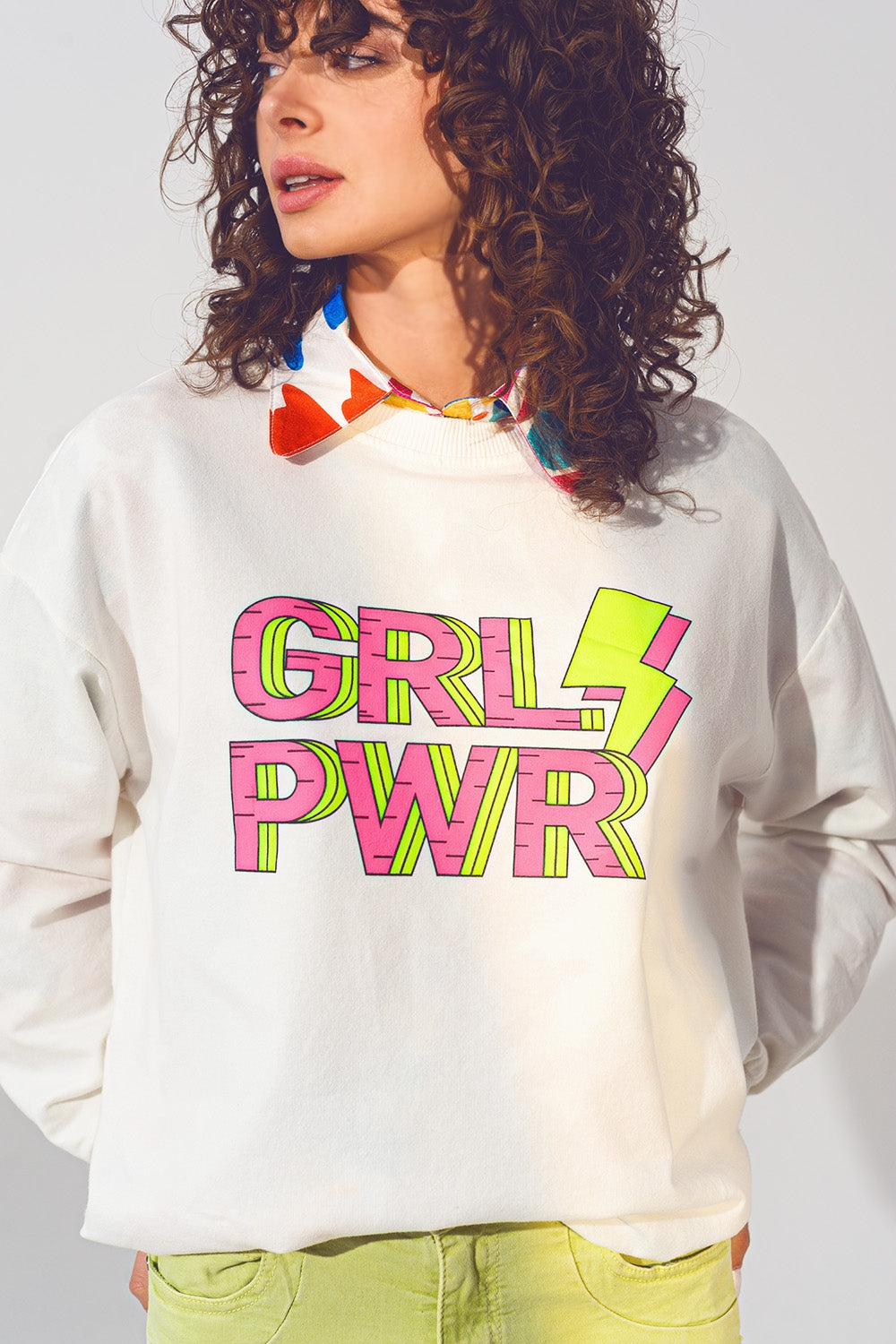 GRL PWR Text Sweatshirt in White - Sweaters