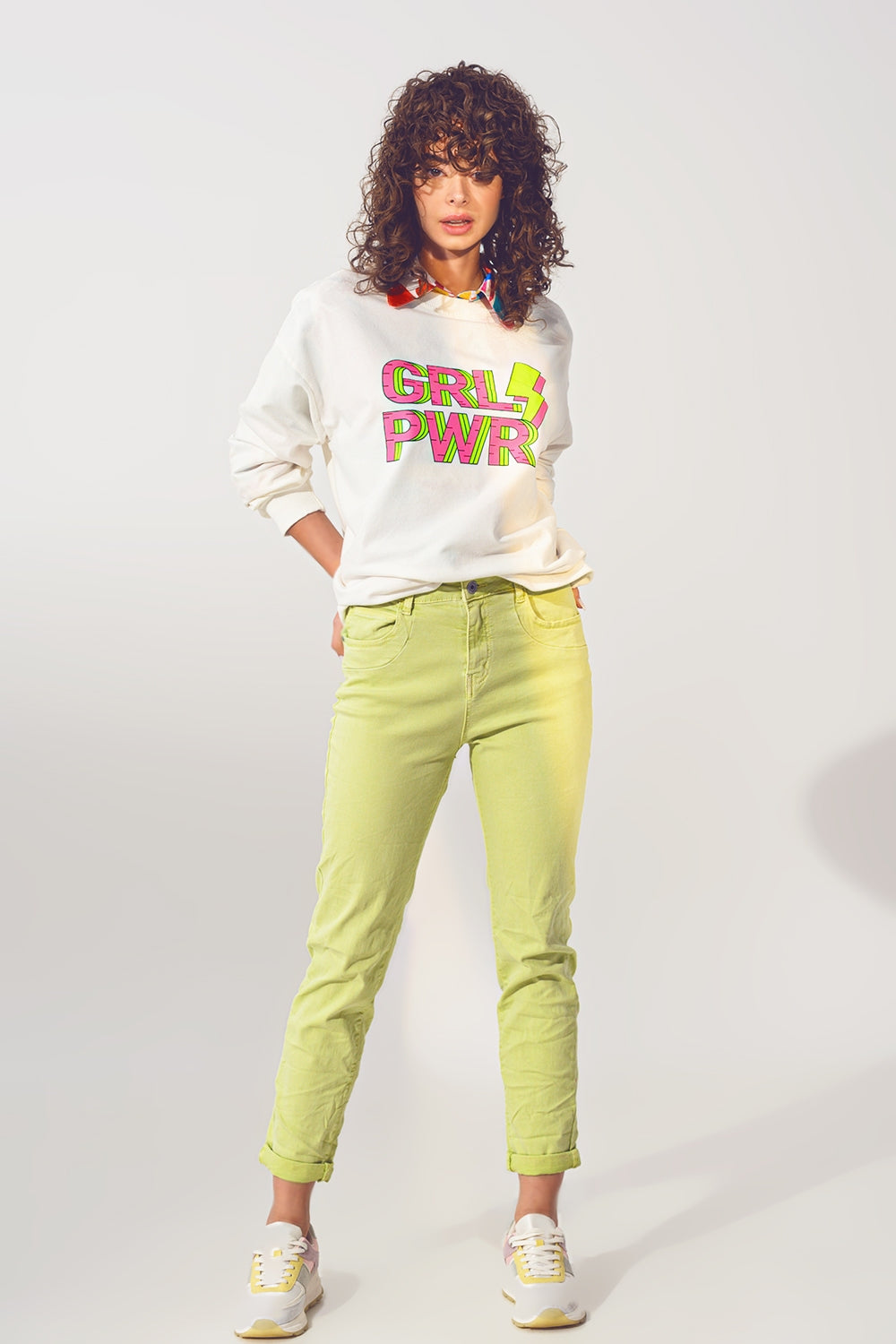 GRL PWR Text Sweatshirt in White - Sweaters