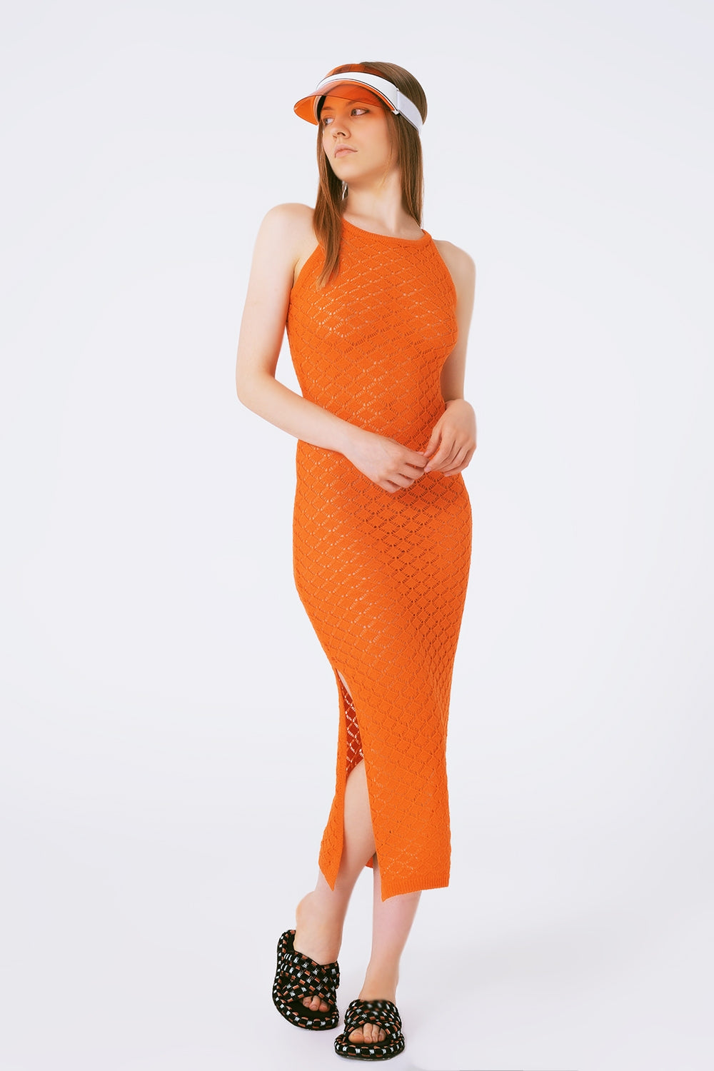 Halter Crochet Midi Dress in orange Q2 Dresses BoutiqueLua