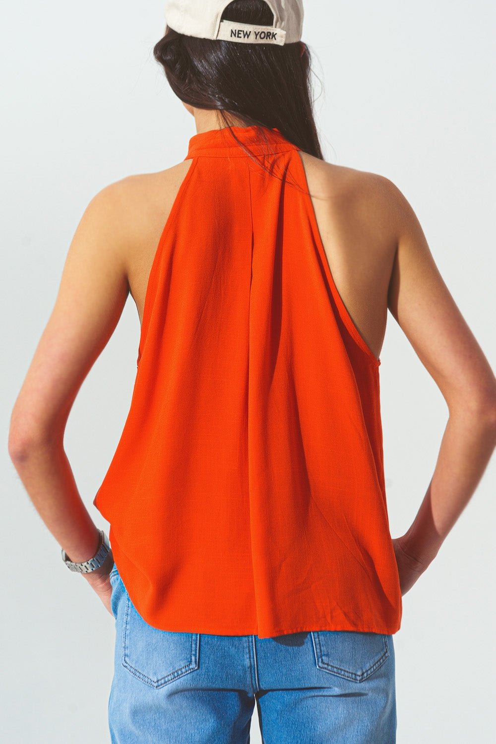 Halter Neck Top with Button Details in Orange Q2 Shirts BoutiqueLua