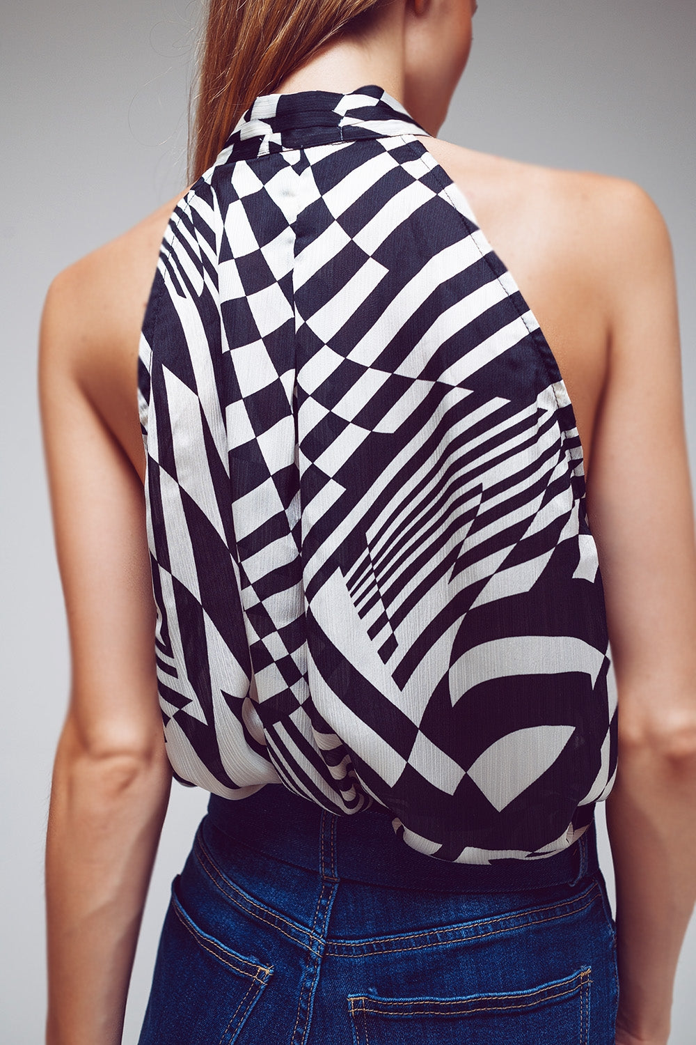 Halter Top With Tie Neck in Abstract Black and White Print - Halter Tops