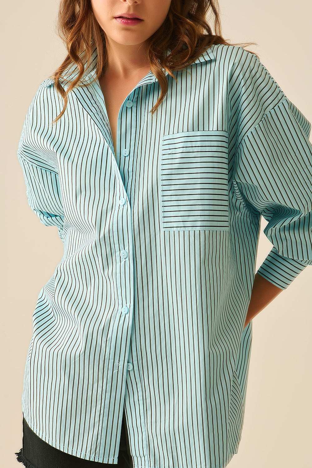 High-Low Oversized Striped Shirt With Chest Pocket in Black and Blue - Shirts
