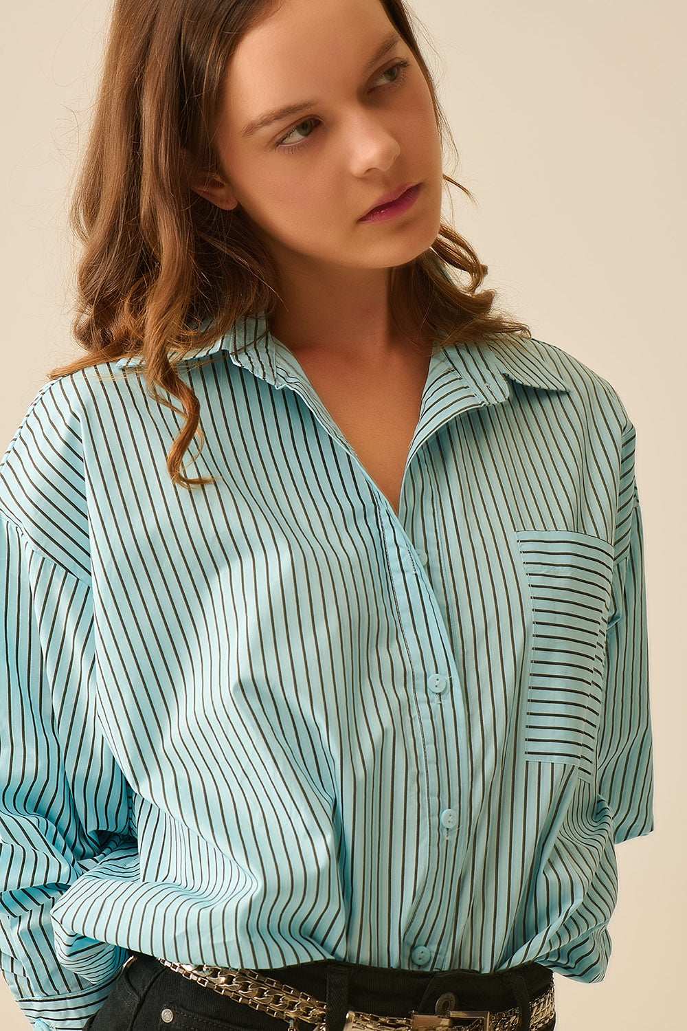 High-Low Oversized Striped Shirt With Chest Pocket in Black and Blue - Shirts