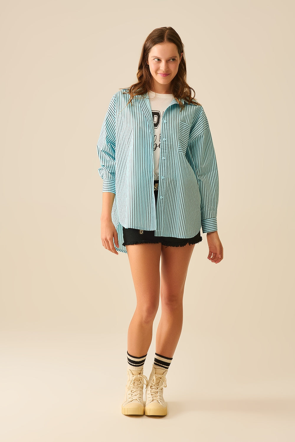 High-Low Oversized Striped Shirt With Chest Pocket in Black and Blue - Shirts