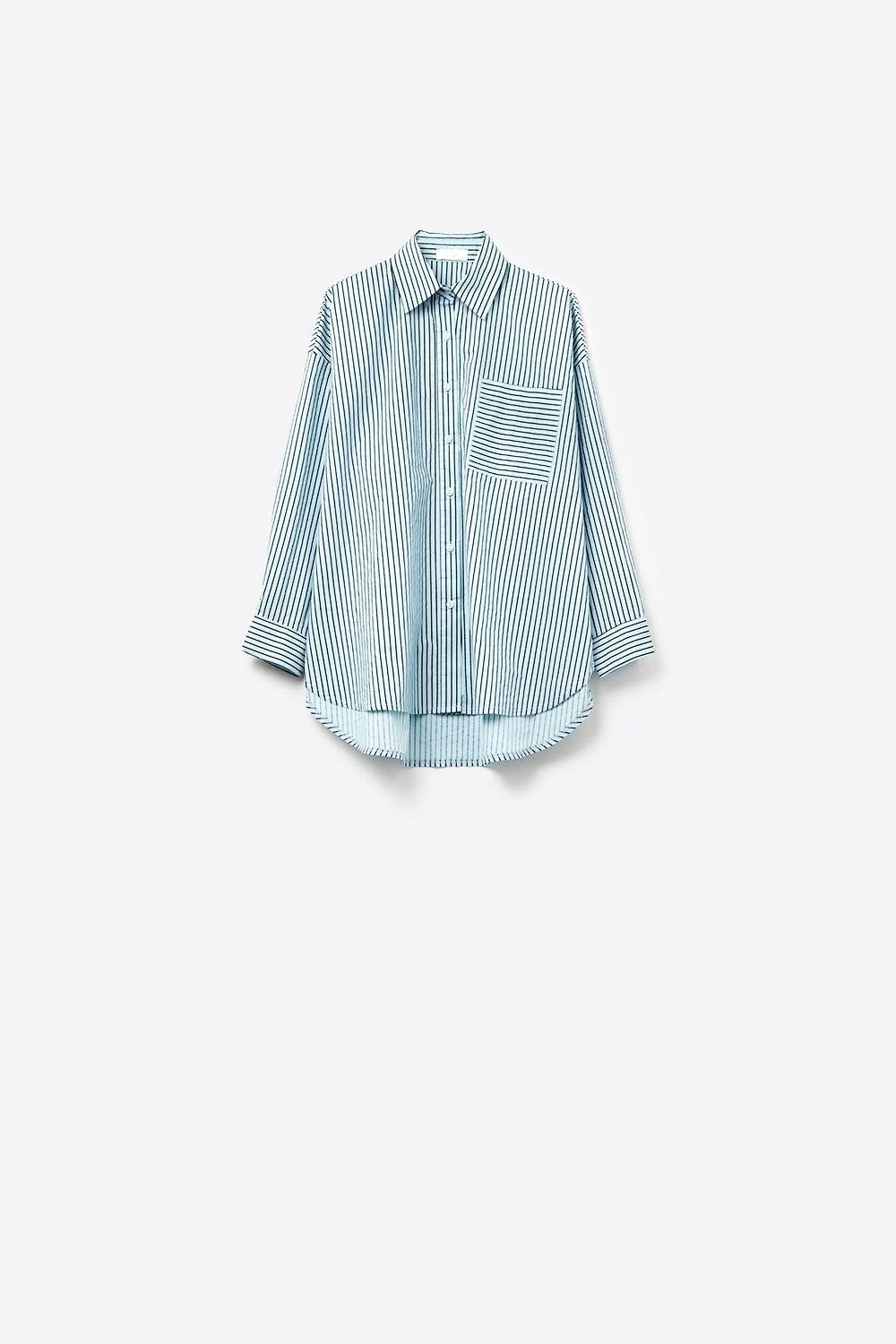 High-Low Oversized Striped Shirt With Chest Pocket in Black and Blue - Shirts