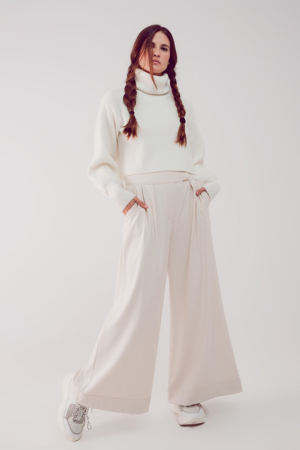 High neck jumper with balloon sleeve in cream Q2 Sweaters BoutiqueLua