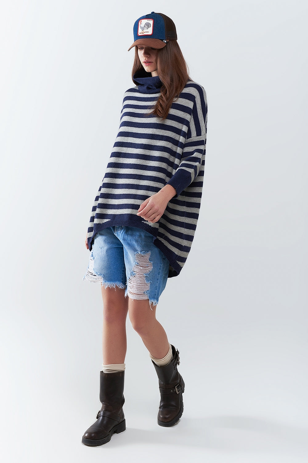 High Neck Oversized Sweater With Bat Wings and Stripes in navy and grey - Jumpers