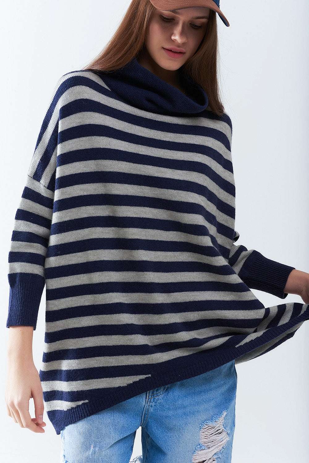 High Neck Oversized Sweater With Bat Wings and Stripes in navy and grey - Jumpers