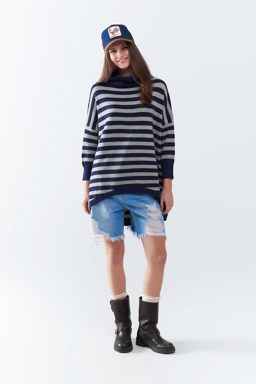 High Neck Oversized Sweater With Bat Wings and Stripes in navy and grey - Jumpers