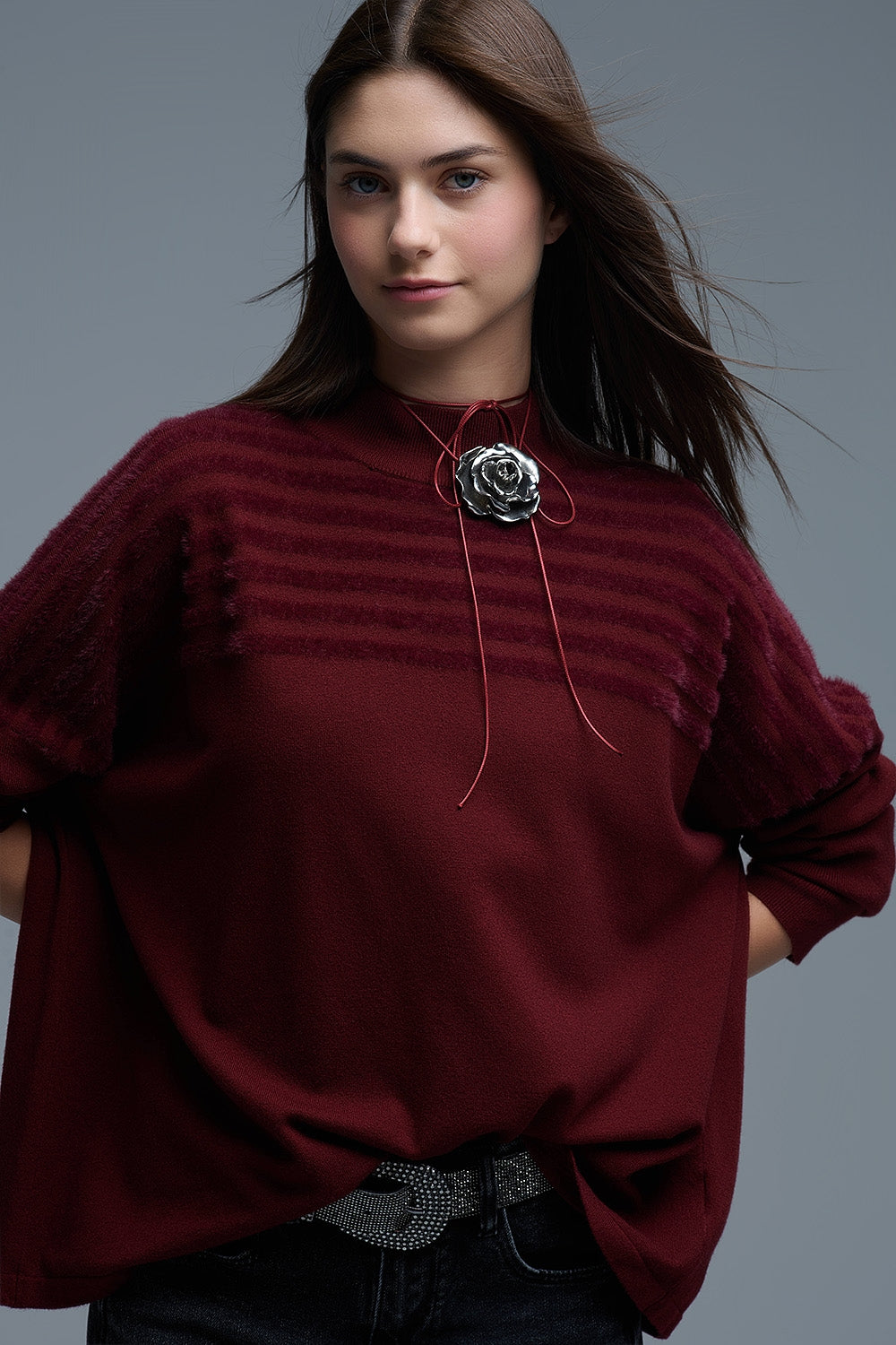 High Neck relaxed Sweater With Textured Stripes in Burgundy - Sweaters