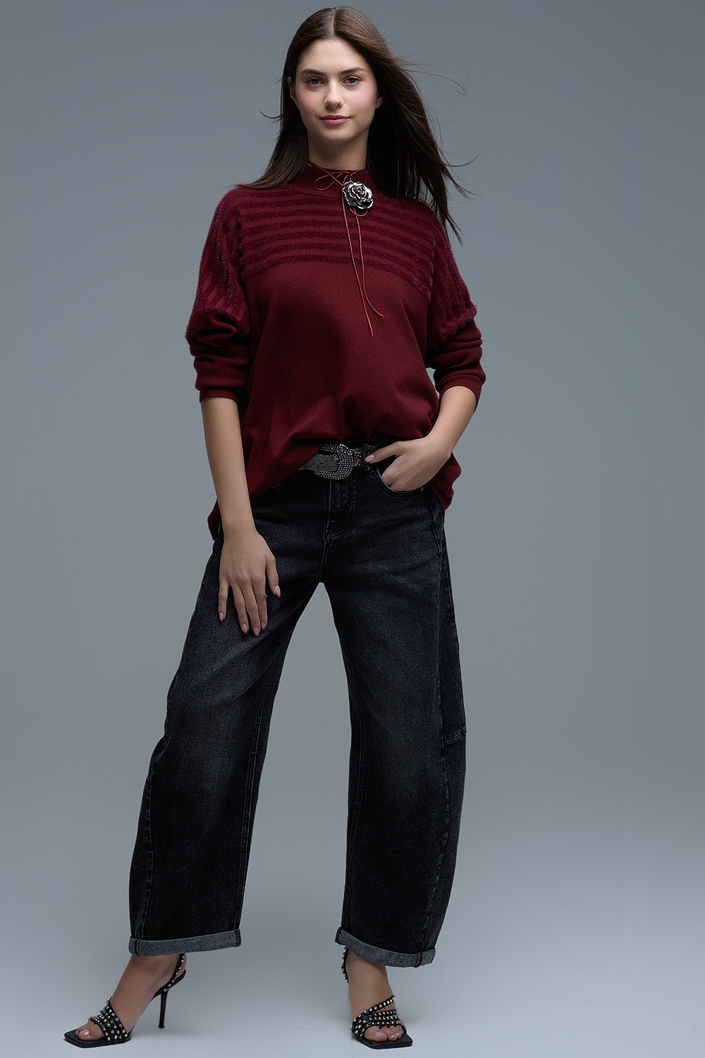 High Neck relaxed Sweater With Textured Stripes in Burgundy - Sweaters