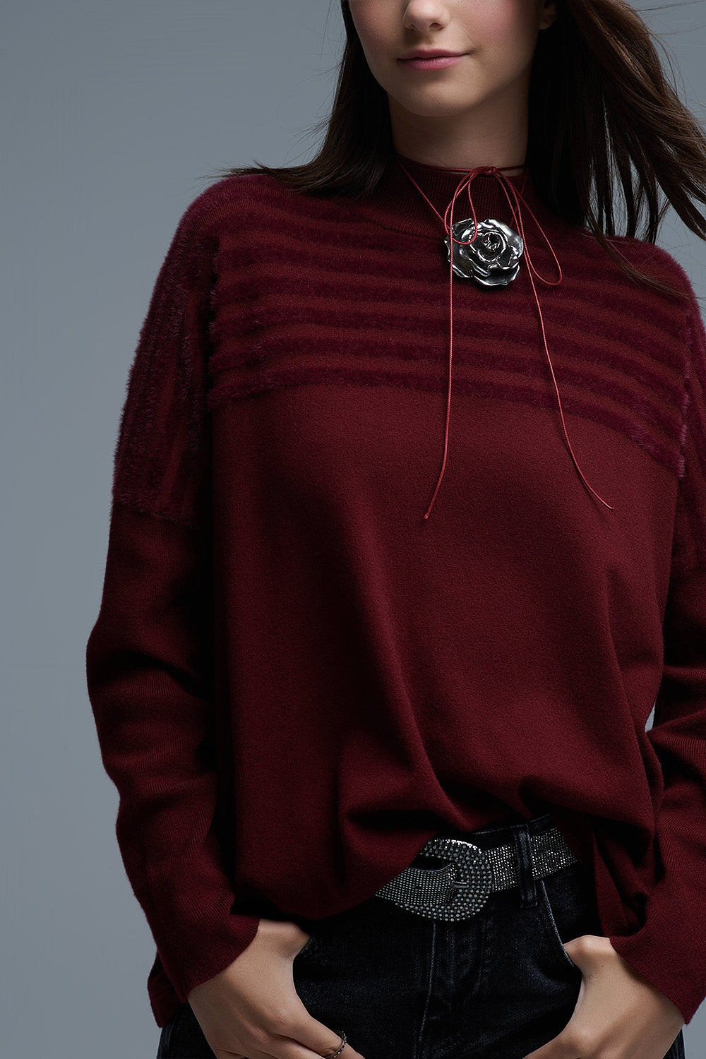 High Neck relaxed Sweater With Textured Stripes in Burgundy - Sweaters