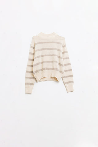 Pull rayé à col montant en beige et crème