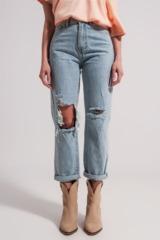 Jean mom taille haute délavé clair avec déchirures