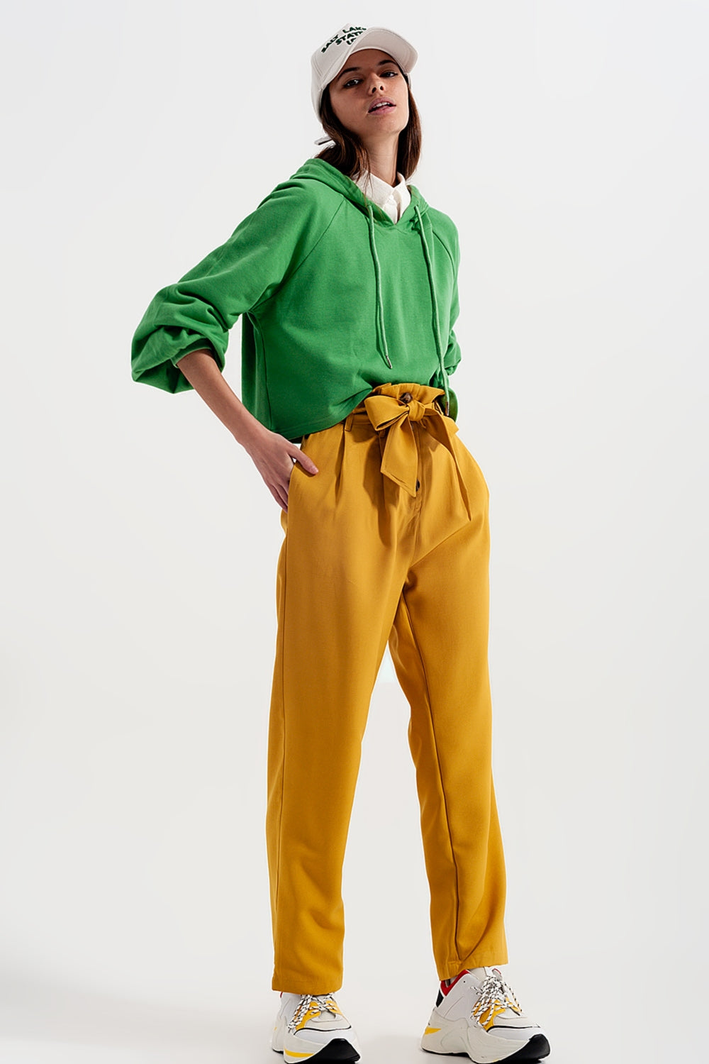 High waist belted paperbag trousers in yellow - Trousers