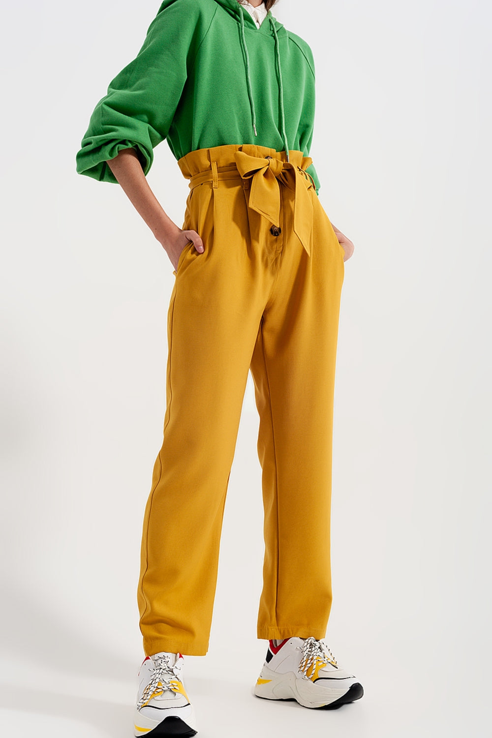 High waist belted paperbag trousers in yellow - Trousers
