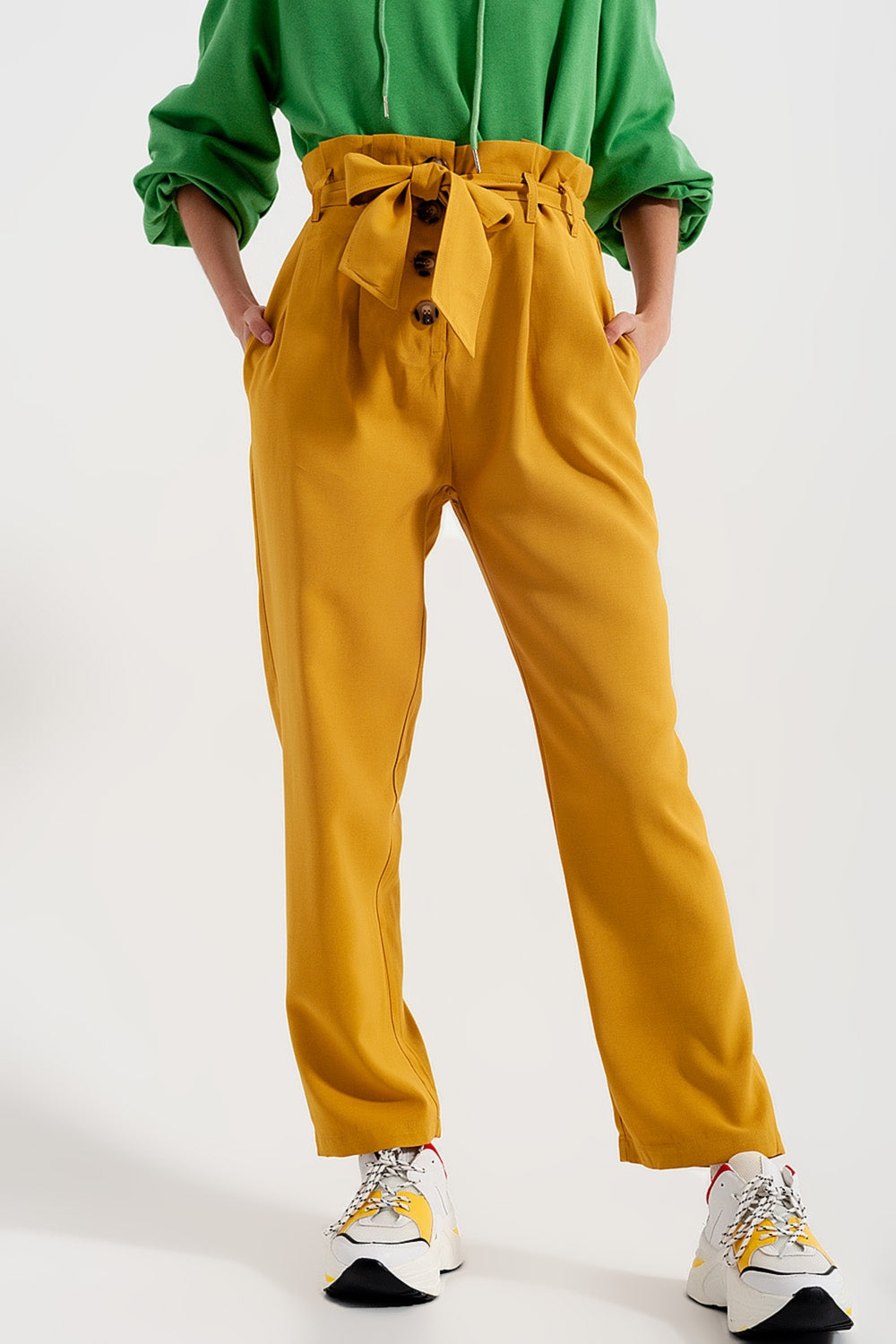High waist belted paperbag trousers in yellow - Trousers