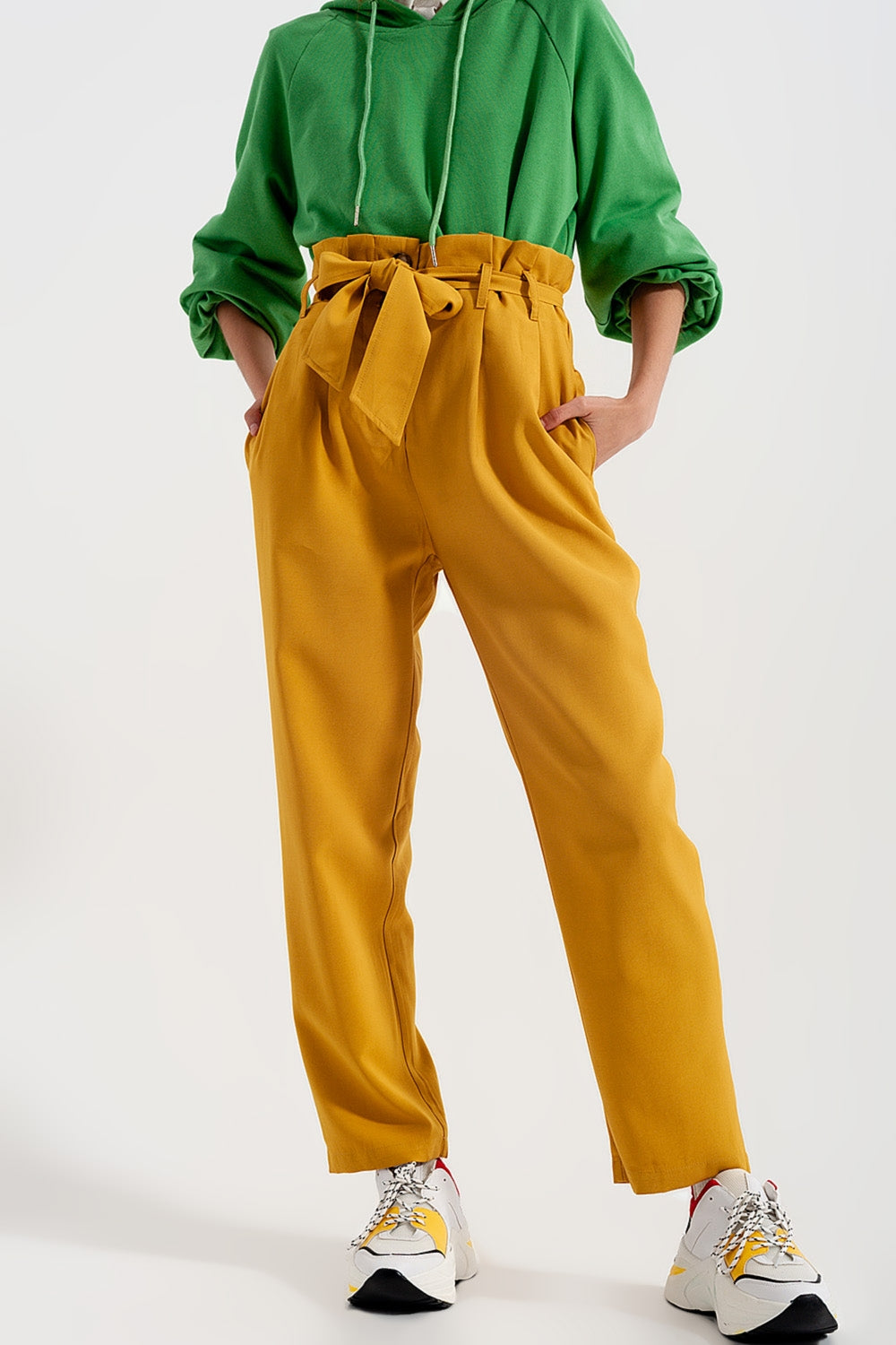 High waist belted paperbag trousers in yellow - Trousers