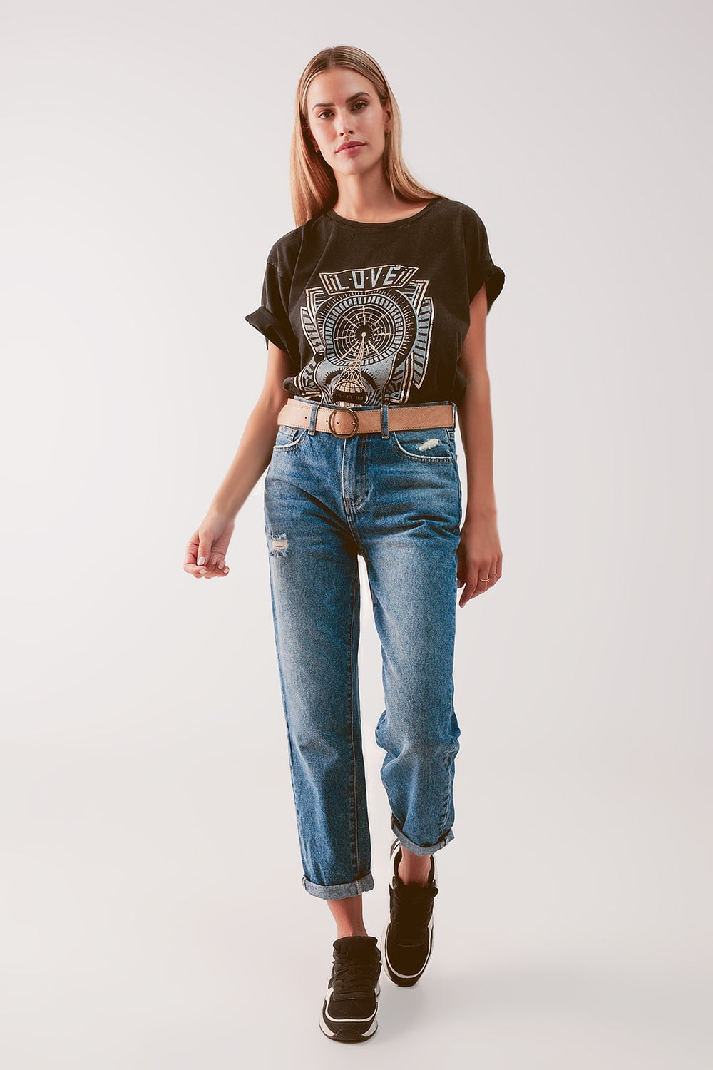 High waist jean with thigh slash in midblue Q2 Jeans BoutiqueLua