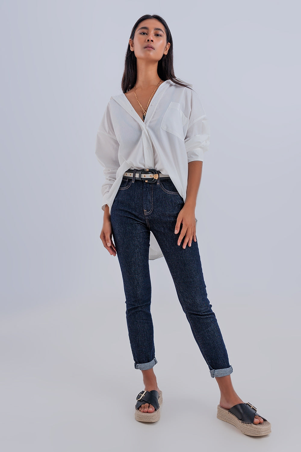 High waisted basic jean in dark blue - Jeans