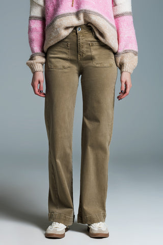 high waisted front pockets flare jeans in kakhi