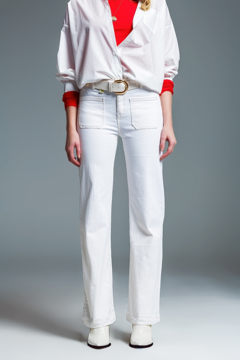 high waisted front pockets flare jeans in white - Jeans