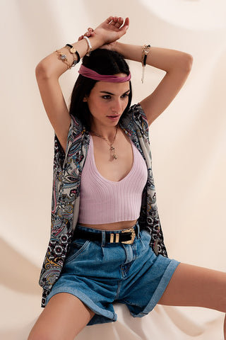 High waisted pleated denim shorts in mid wash