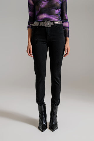 Jean skinny taille haute à ourlet usé en noir