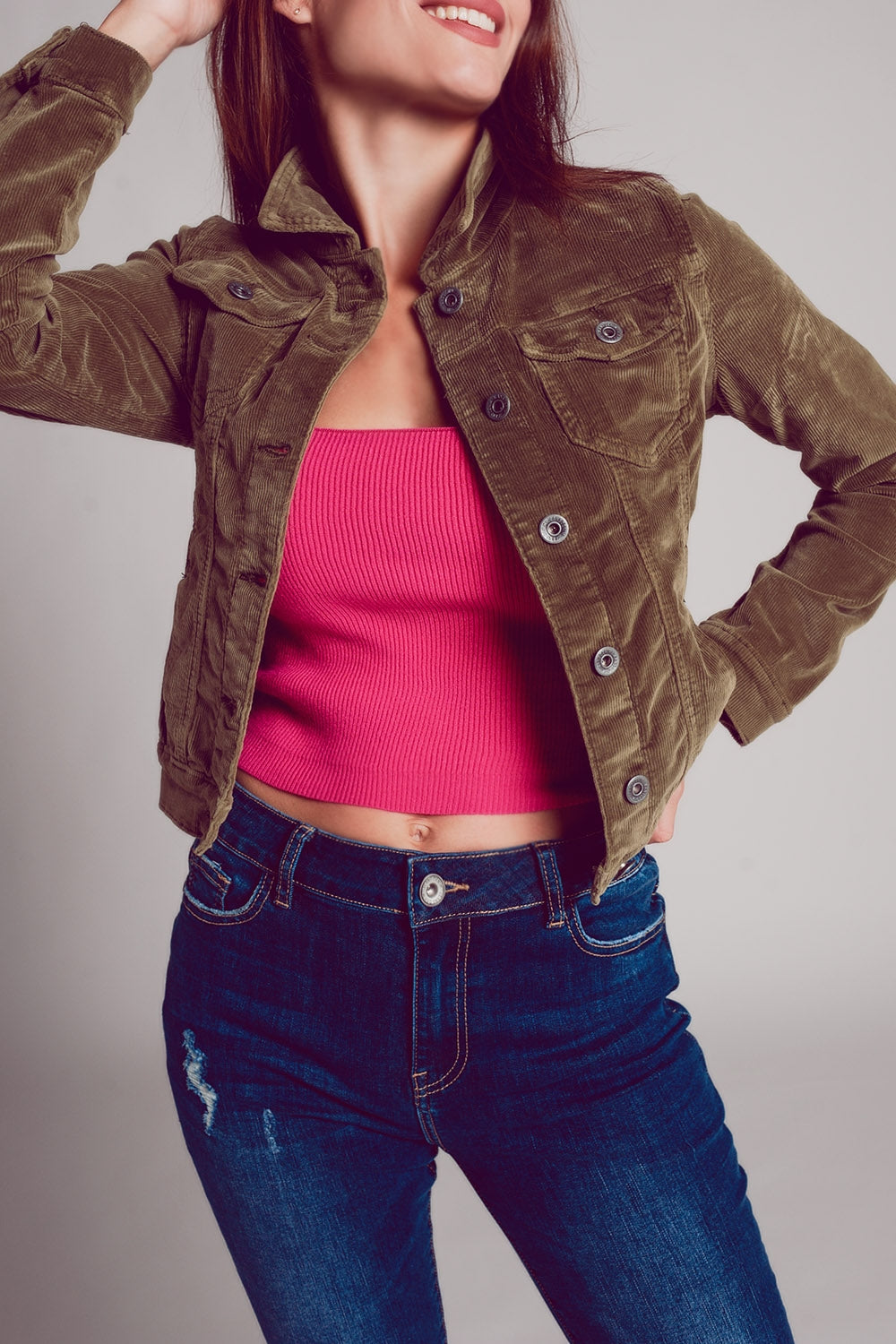 Khaki cropped cord jacket - Jackets
