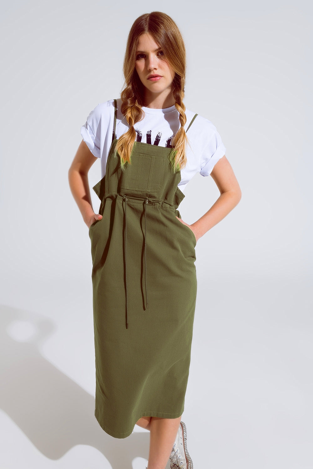 Khaki Denim Overall Dress With Chest Pocket and Drawstring Waist Q2 Dresses BoutiqueLua