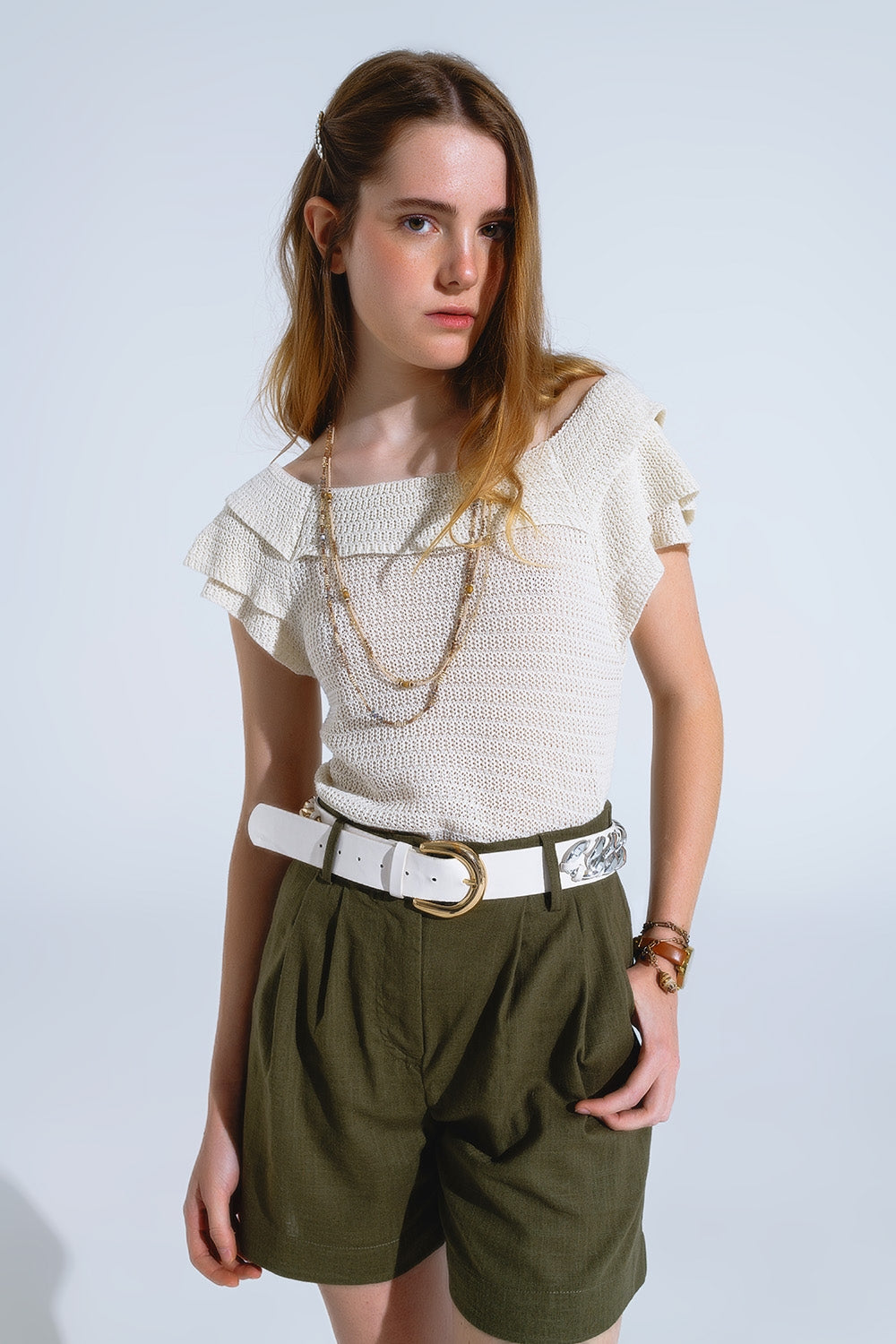 Khaki Shorts With Pockets And Elastic Waist - Trousers