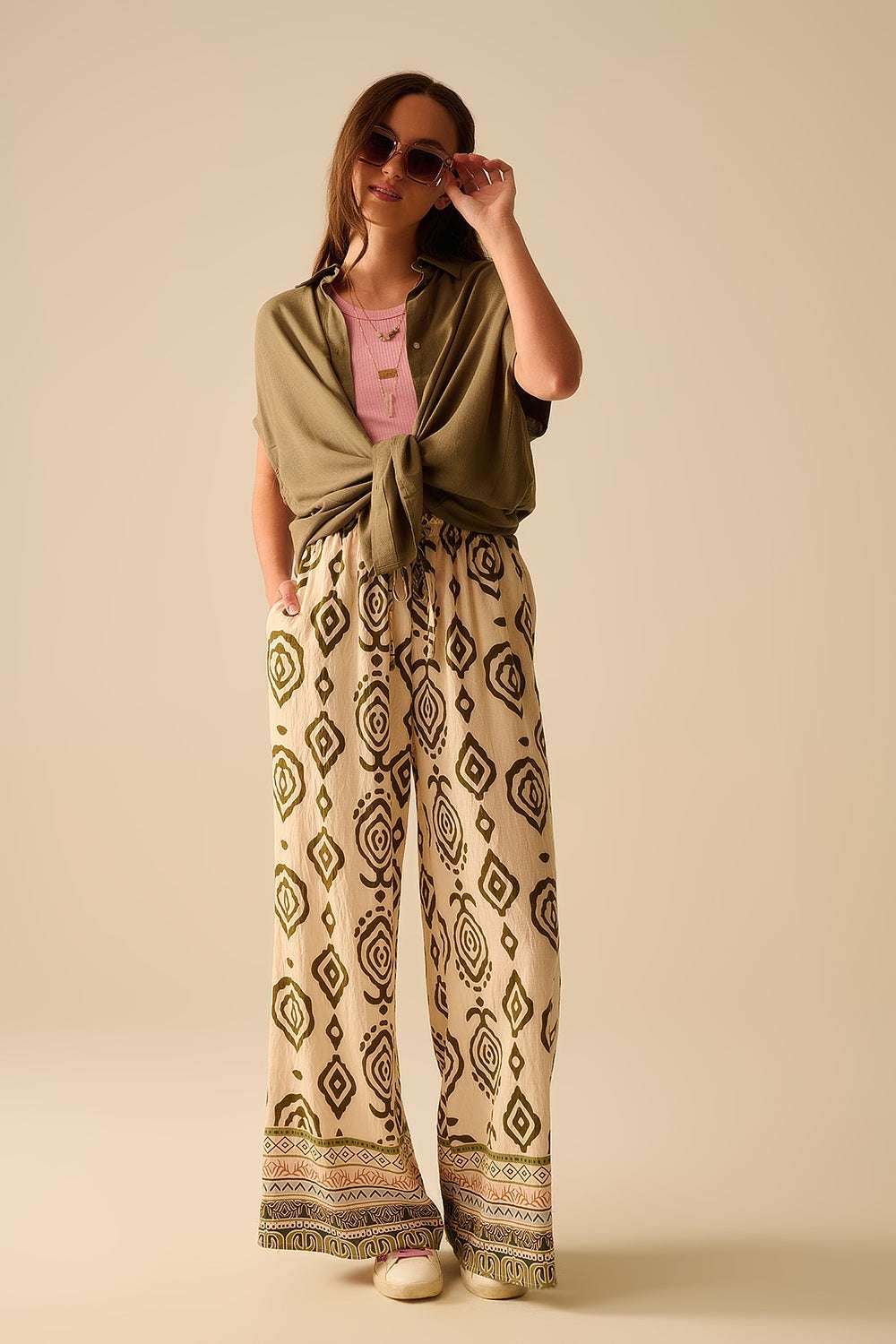 Khaki wide leg boho print pants - Trousers