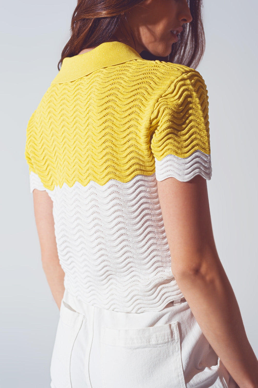 Knitted Colour Block Cropped Polo in White and Yellow Q2 Sweaters BoutiqueLua
