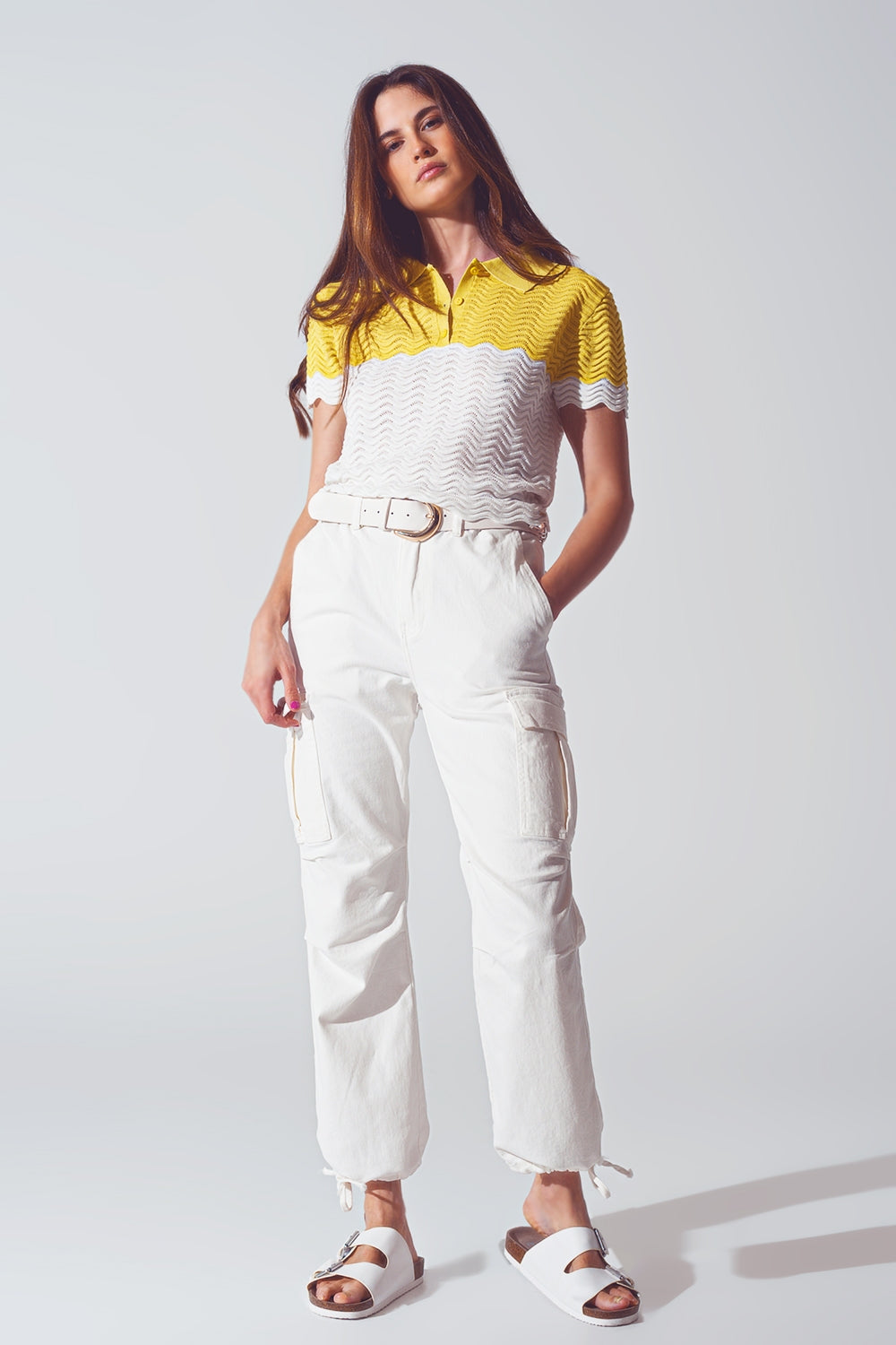 Knitted Colour Block Cropped Polo in White and Yellow Q2 Sweaters BoutiqueLua