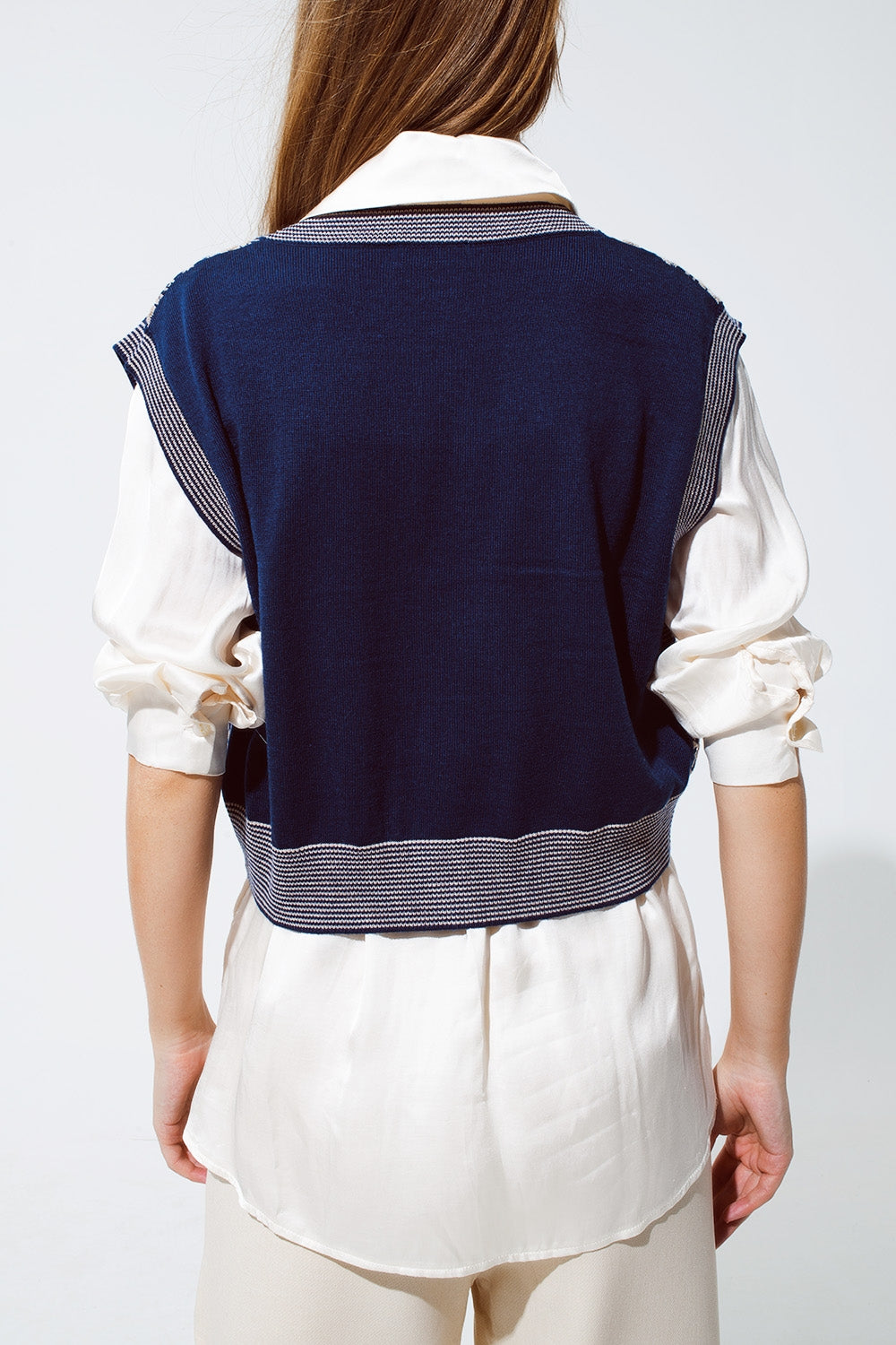 Knitted Cropped Vest With Rib Trim in blue Q2 Sweaters BoutiqueLua