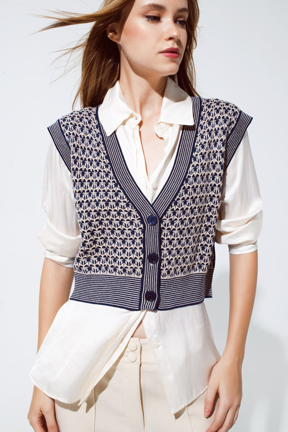 Knitted Cropped Vest With Rib Trim in blue Q2 Sweaters BoutiqueLua
