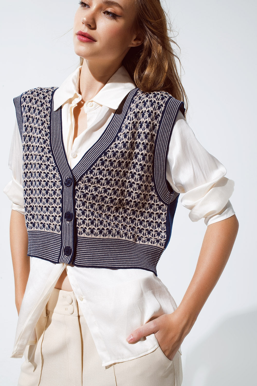 Knitted Cropped Vest With Rib Trim in blue Q2 Sweaters BoutiqueLua