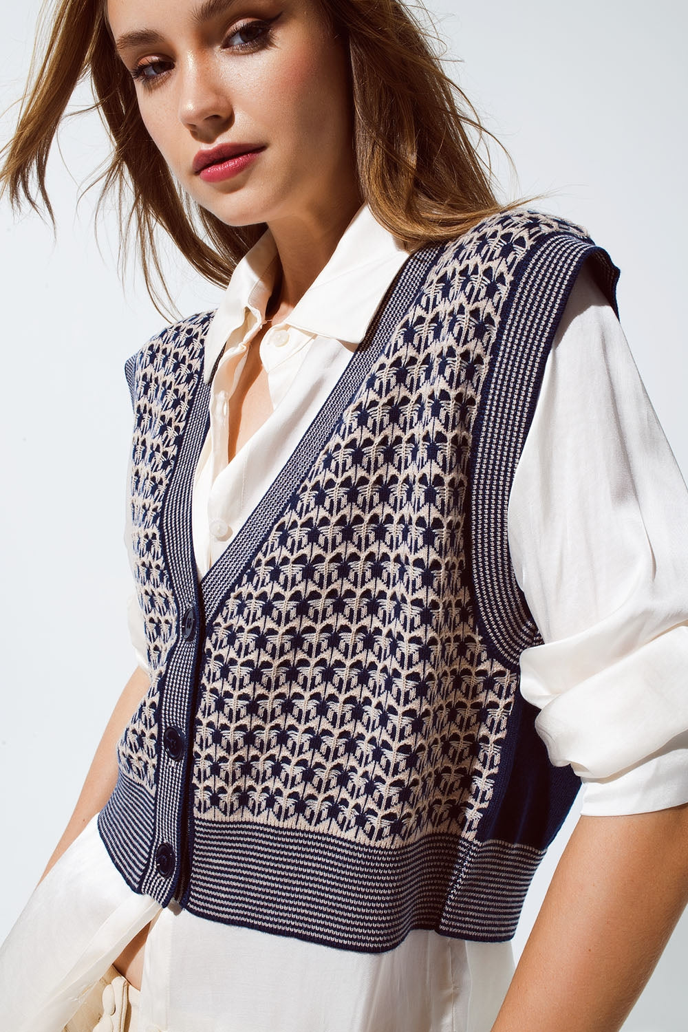 Knitted Cropped Vest With Rib Trim in blue Q2 Sweaters BoutiqueLua