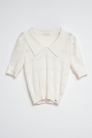 Pull col polo en maille pointelle couleur crème