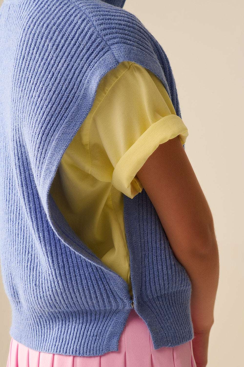 Knitted Vest With Half Zip Turtle Neck And Big Arm holes in blue - Vests