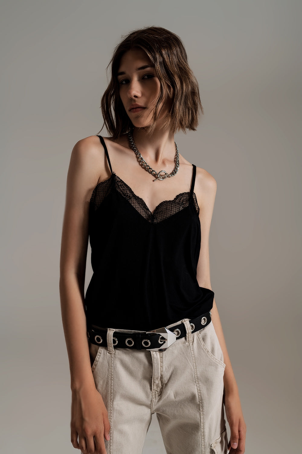 Lace detail cami top in black - Tops